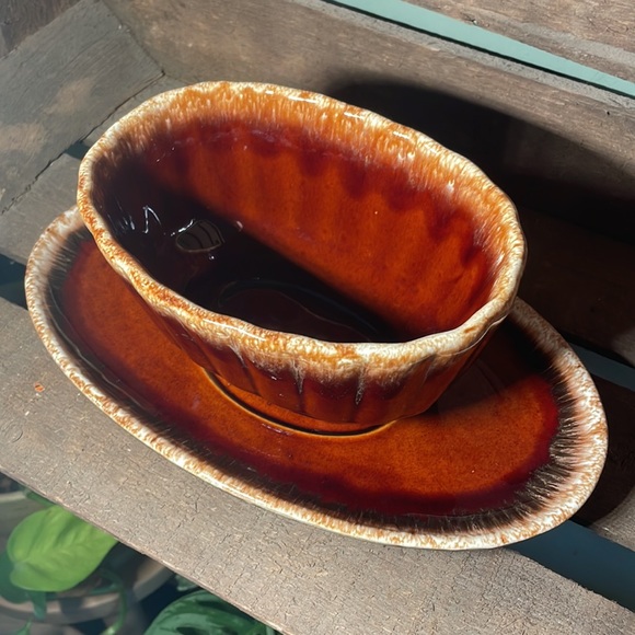 Vintage Hull Server & Dip Bowl. MCM, Ceramics, Brown Drip Glaze, Retro - Picture 2 of 4